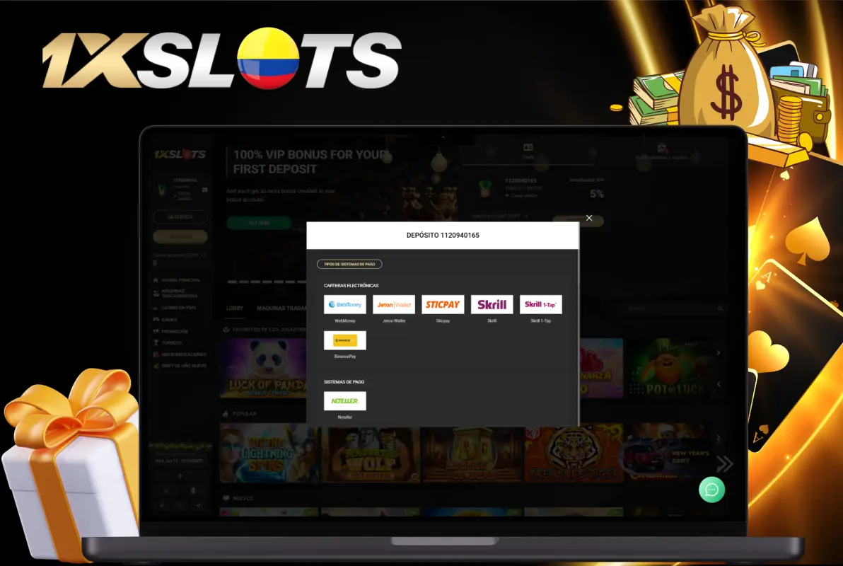 Métodos de depósito en 1xSlots con opciones como Skrill, Neteller y BitcoinPay